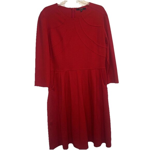 Alex Marie Women’s Red Knit 3/4 Sleeve Pleated Midi Dress XL Stretch Minimalist - Picture 1 of 9